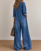 Sexy Button-Front Denim Shirt Loose Wide-Leg Jumpsuit