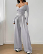 Basic Halter-Neck Fashion Solid Color Knit Long Sleeve Ruched Wide Leg Jumpsuit