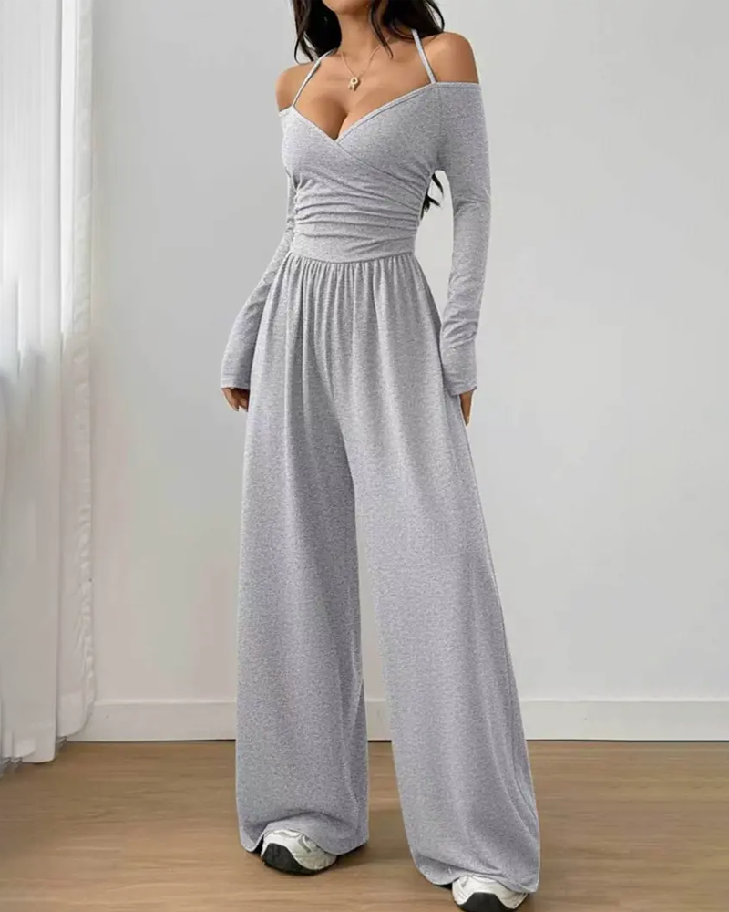 Basic Halter-Neck Fashion Solid Color Knit Long Sleeve Ruched Wide Leg Jumpsuit