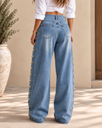 High Waist Side Multi Strap Buckle Wide Leg Jeans