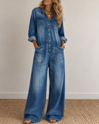 Sexy Button-Front Denim Shirt Loose Wide-Leg Jumpsuit