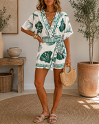 Printed V-Neck Waist-Cinching Romper