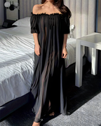 Sexy Sheer Mesh Ruffle Off-the-Shoulder Long Nightgown