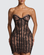 Sexy Boned Sheer Lace Ruffle Strapless Lace-Up Dress
