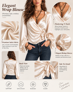 Women's Deep V Satin Tie-Up Lantern Long Sleeve Top