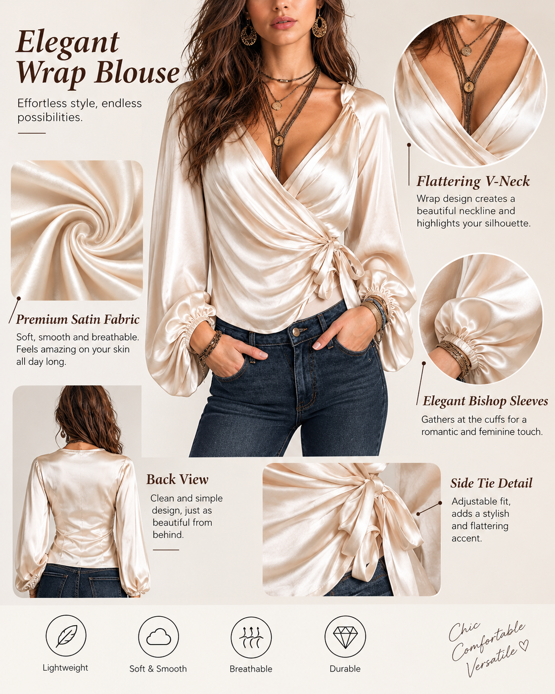 Women's Deep V Satin Tie-Up Lantern Long Sleeve Top