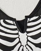 Halloween Cosplay Skull Print Bodysuit with Fishnet Stockings Hat Three-Piece Set