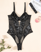 Sexy Faux Leather & Fishnet Strappy Bodysuit