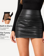 High Waist Tummy Control Ruched 2-in-1 Fleece PU Mini Bodycon Skirt