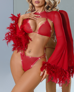 3-Piece Rhinestone Lingerie Set with Sheer Feather Trim Bell Sleeve Shrug