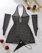 Heart Cutout Fishnet Mini Dress & Gloves Set