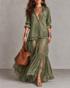 Retro Casual Lapel Faux Denim Chiffon Patchwork Long Dress