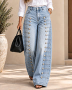 High Waist Side Multi Strap Buckle Wide Leg Jeans