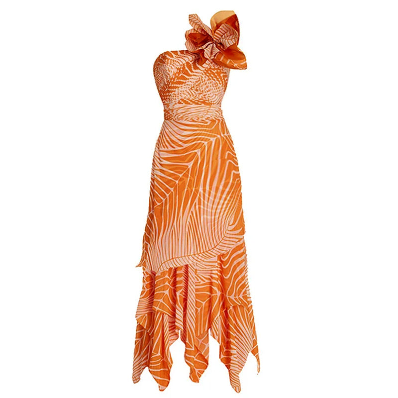 3D Flower Printed One Piece Swimsuit and Skirt