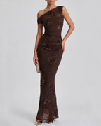 Sexy One-Shoulder Embroidered Mesh Panel Bodycon Dress