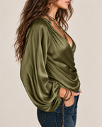 Women's Deep V Satin Tie-Up Lantern Long Sleeve Top