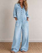 Sexy Button-Front Denim Shirt Loose Wide-Leg Jumpsuit