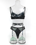 Sexy Leather & Sheer Mesh Embroidered Lingerie Set