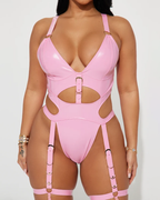 Sexy Glossy PU Leather Skin-Tight Open-Back Bodysuit