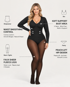 Sheer-Panel Fleece-Lined Tummy Control & Butt Lift Bodysuit