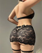 Sexy Halter Neck See-Through Floral Lace Lingerie with Stockings Set