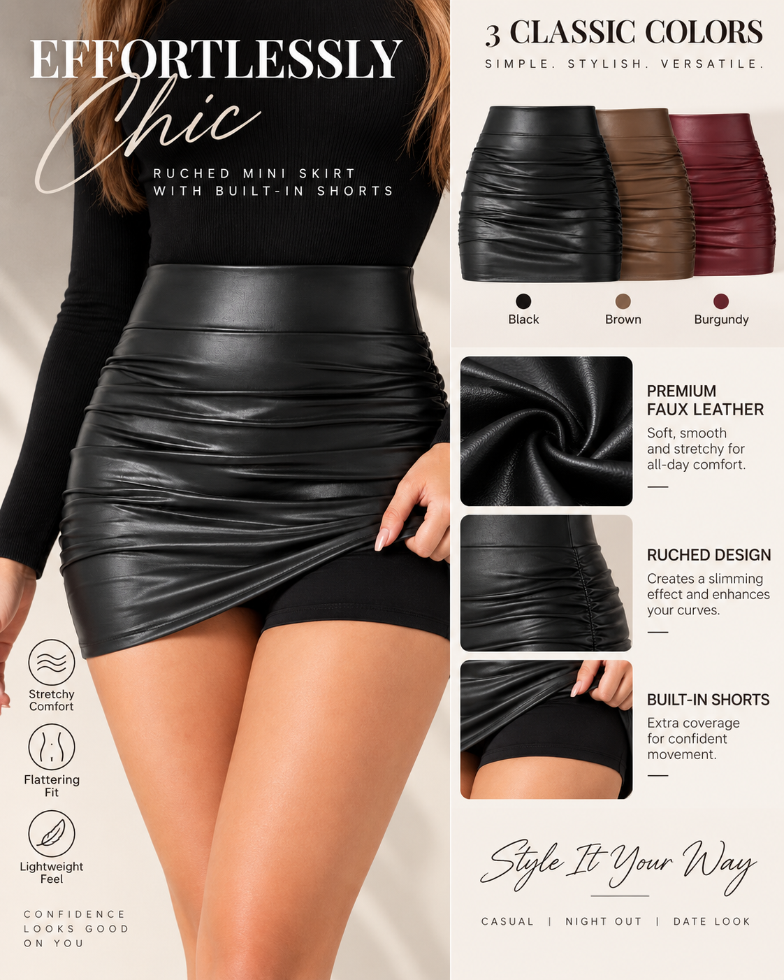 High Waist Tummy Control Ruched 2-in-1 Fleece PU Mini Bodycon Skirt
