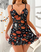 Halloween Skull Pumpkin Print Deep V Nightdress