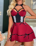Sexy Deep V Halter Neck Backless Colorblock Nightgown Set