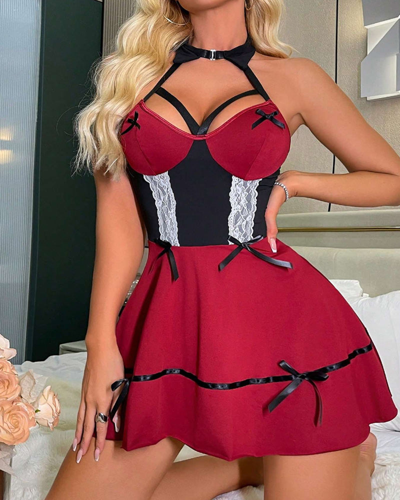 Sexy Deep V Halter Neck Backless Colorblock Nightgown Set