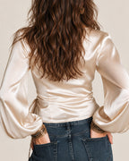 Women's Deep V Satin Tie-Up Lantern Long Sleeve Top