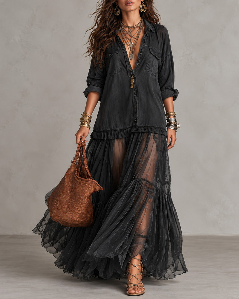 Retro Casual Lapel Faux Denim Chiffon Patchwork Long Dress