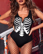Halloween Cosplay Skull Print Bodysuit with Fishnet Stockings Hat Three-Piece Set