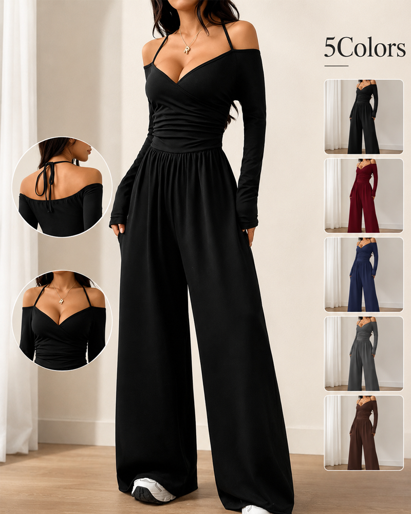 Basic Halter-Neck Fashion Solid Color Knit Long Sleeve Ruched Wide Leg Jumpsuit