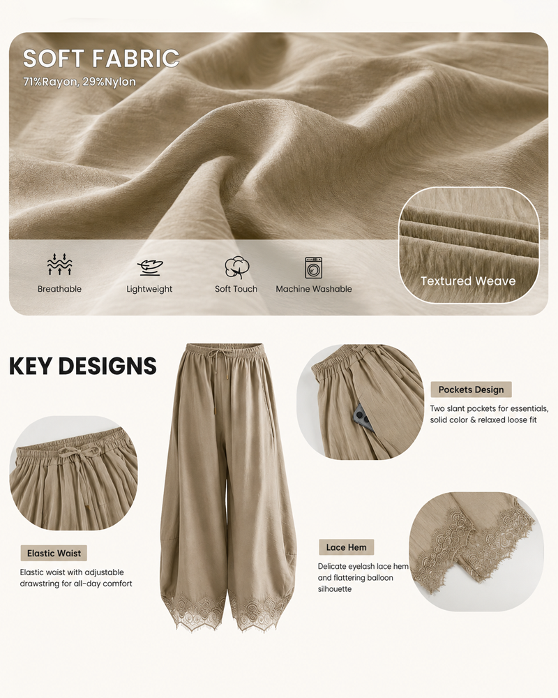 Elegant & Comfortable Lace-Trim Chiffon Wide-Leg Pants