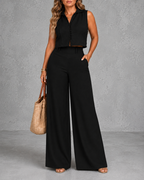 Slimming Sleeveless Top and High Waist Wide Leg Casual Long Pants Set