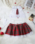 Sexy Sheer Mesh Plaid Schoolgirl Role-Play Lingerie Set
