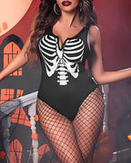 Halloween Cosplay Skull Print Bodysuit with Fishnet Stockings Hat Three-Piece Set