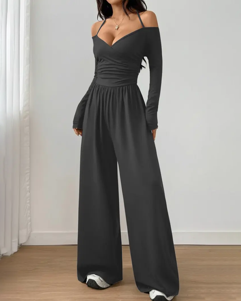 Basic Halter-Neck Fashion Solid Color Knit Long Sleeve Ruched Wide Leg Jumpsuit