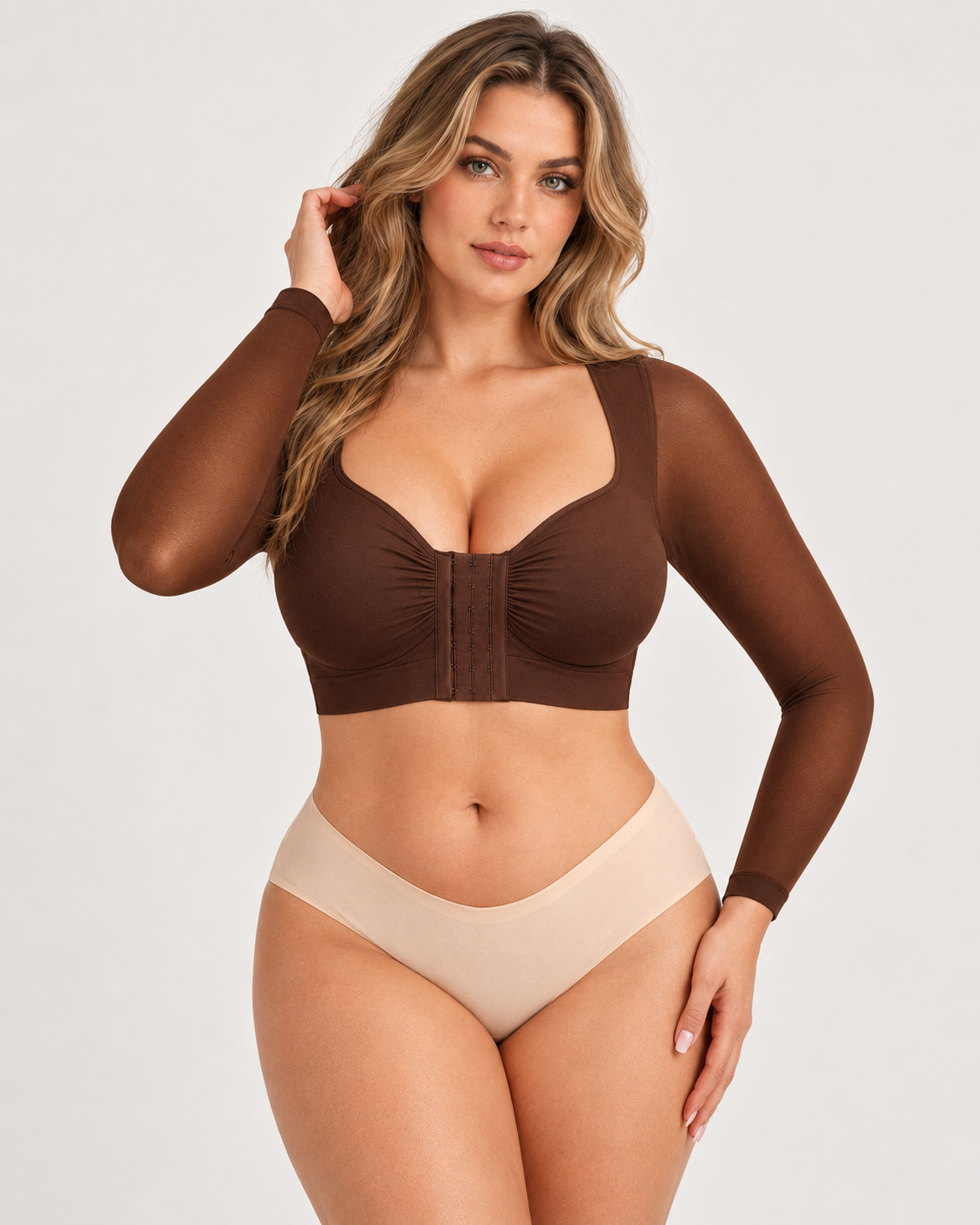 Front‑Closure U‑Shape Compression Built‑In Bra Long Sleeve Mesh Top