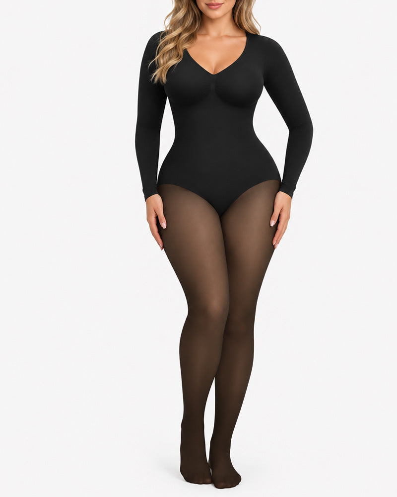 Sheer-Panel Fleece-Lined Tummy Control & Butt Lift Bodysuit