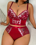Plus Size Sexy Deep V Floral Embroidered Lingerie Set
