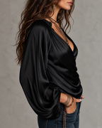 Women's Deep V Satin Tie-Up Lantern Long Sleeve Top