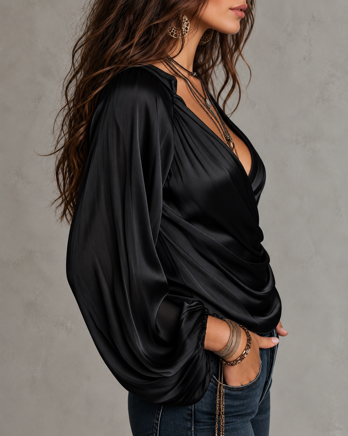 Women's Deep V Satin Tie-Up Lantern Long Sleeve Top