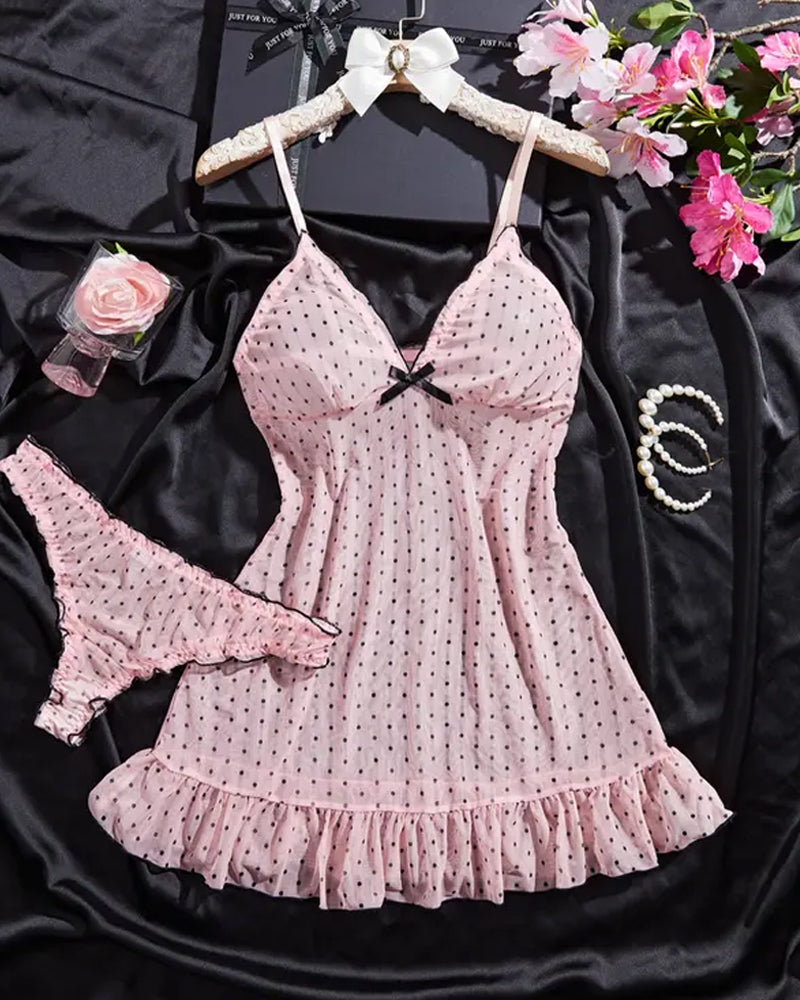 Sexy V-neck Polka Dot Print Semi-transparent Suspender Nightdress Set