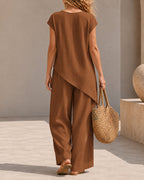 Casual Loose Button-down Short Sleeve Top and Wide-leg Pants Set