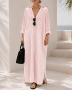 Casual Loose Striped Cotton Collared Long Sleeve Button-down Long Dress