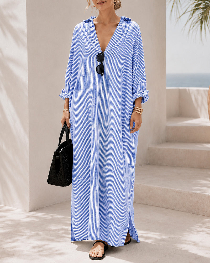 Casual Loose Striped Cotton Collared Long Sleeve Button-down Long Dress