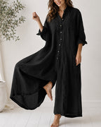 Casual Linen Button-down Long Sleeve Wide-leg Jumpsuit