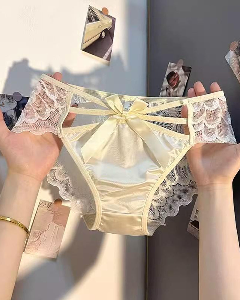 Sexy Low-rise Satin Bow-embroidered See-through Lace Panties
