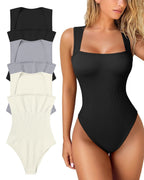 Women's Square Neck Sleeveless Knit Ribbed Vest Bodysuit